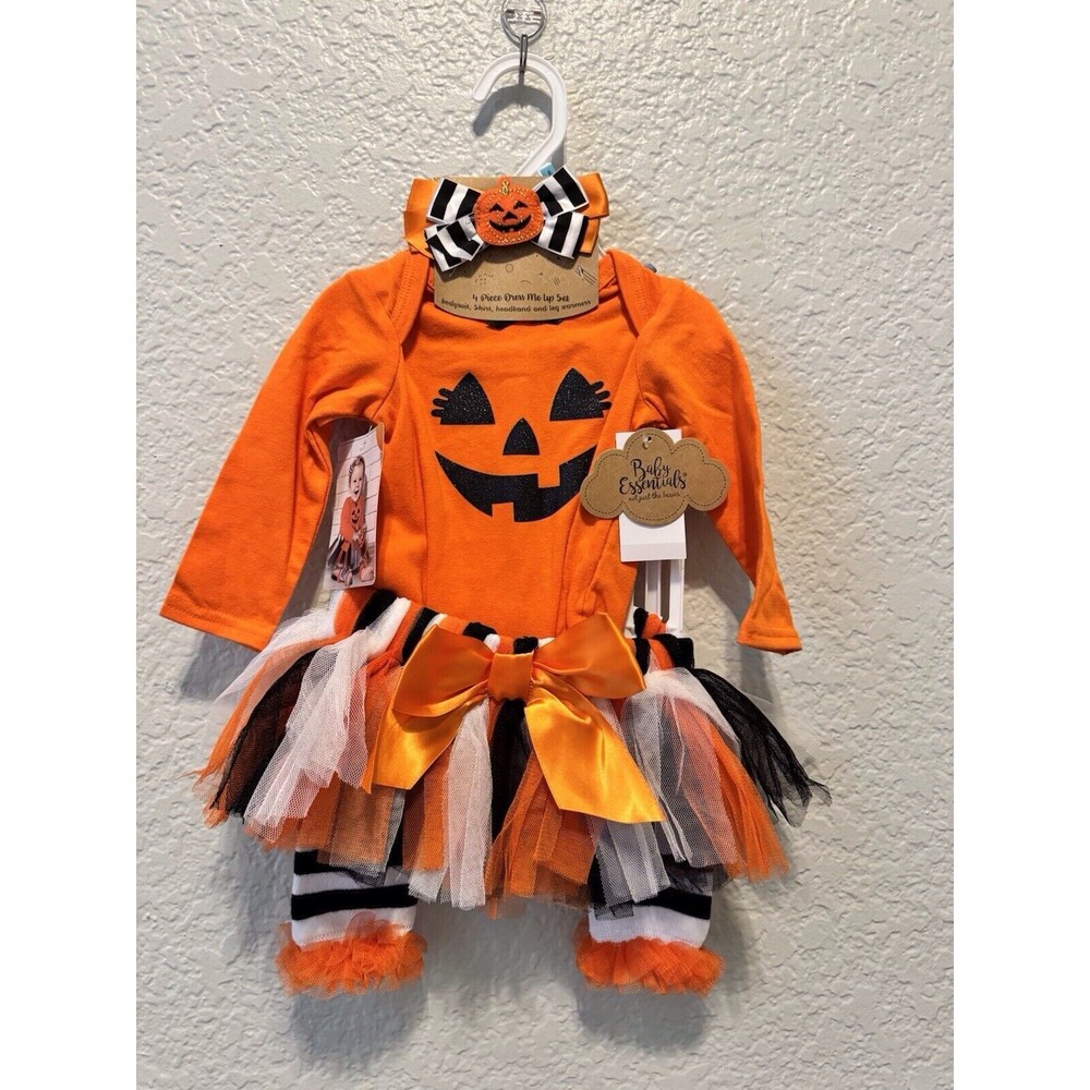 Baby essentials girls orange pumpkin outfit with matching bow size 6mo